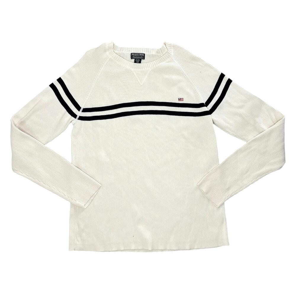 Polo Jeans Cream Crewneck Sweater with Black Stripes preppy cotton Y2K